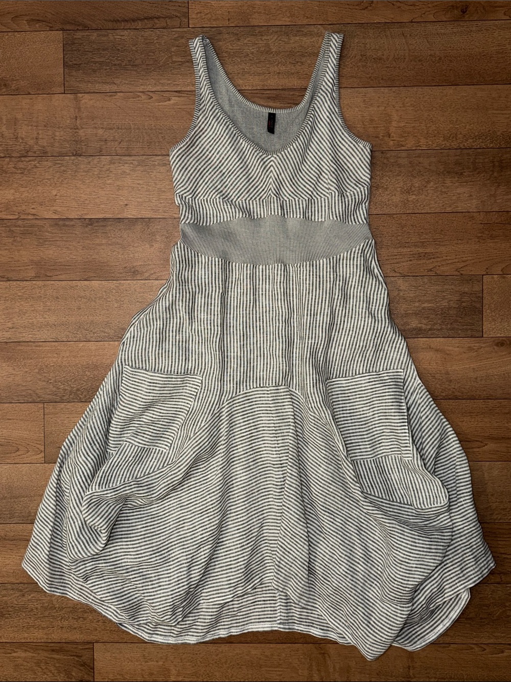 INIZIO Size Small Magic Sleeveless Linen Dress Grey Striped Lagenlook Artsy S
